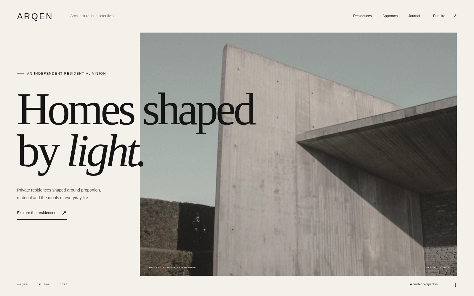 ARQEN Residences enquiry section featuring a restrained editorial call to action