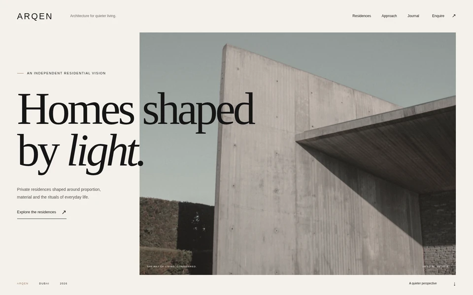 ARQEN Residences luxury real estate website hero with editorial typography and architectural photography