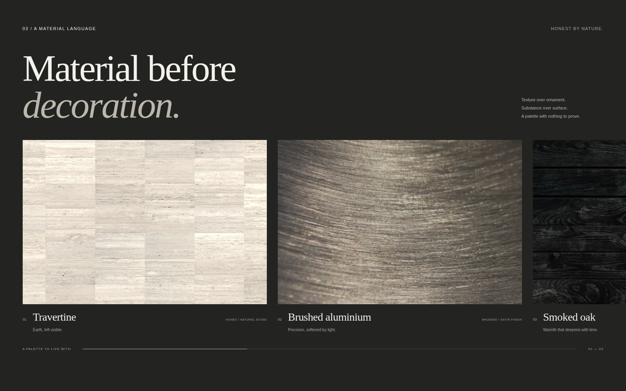 ARQEN Residences materials section using a dark editorial layout with stone, metal and timber textures