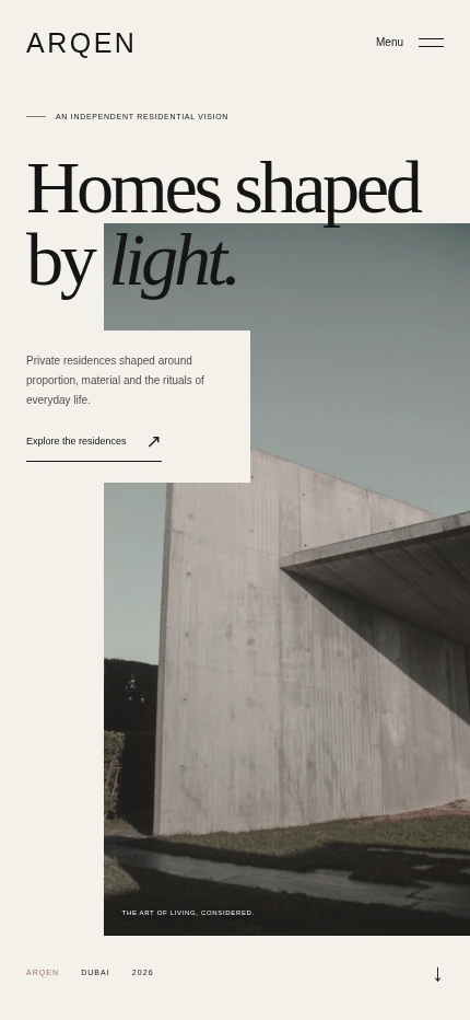 Mobile ARQEN Residences website showing the responsive editorial homepage
