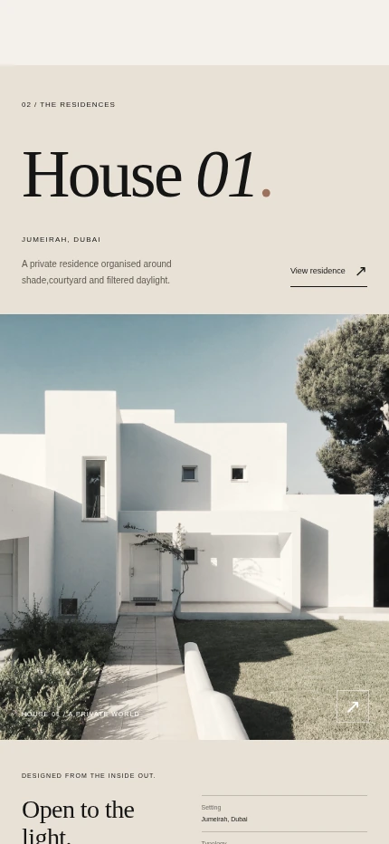 Mobile ARQEN Residences House 01 section showing the responsive residence layout