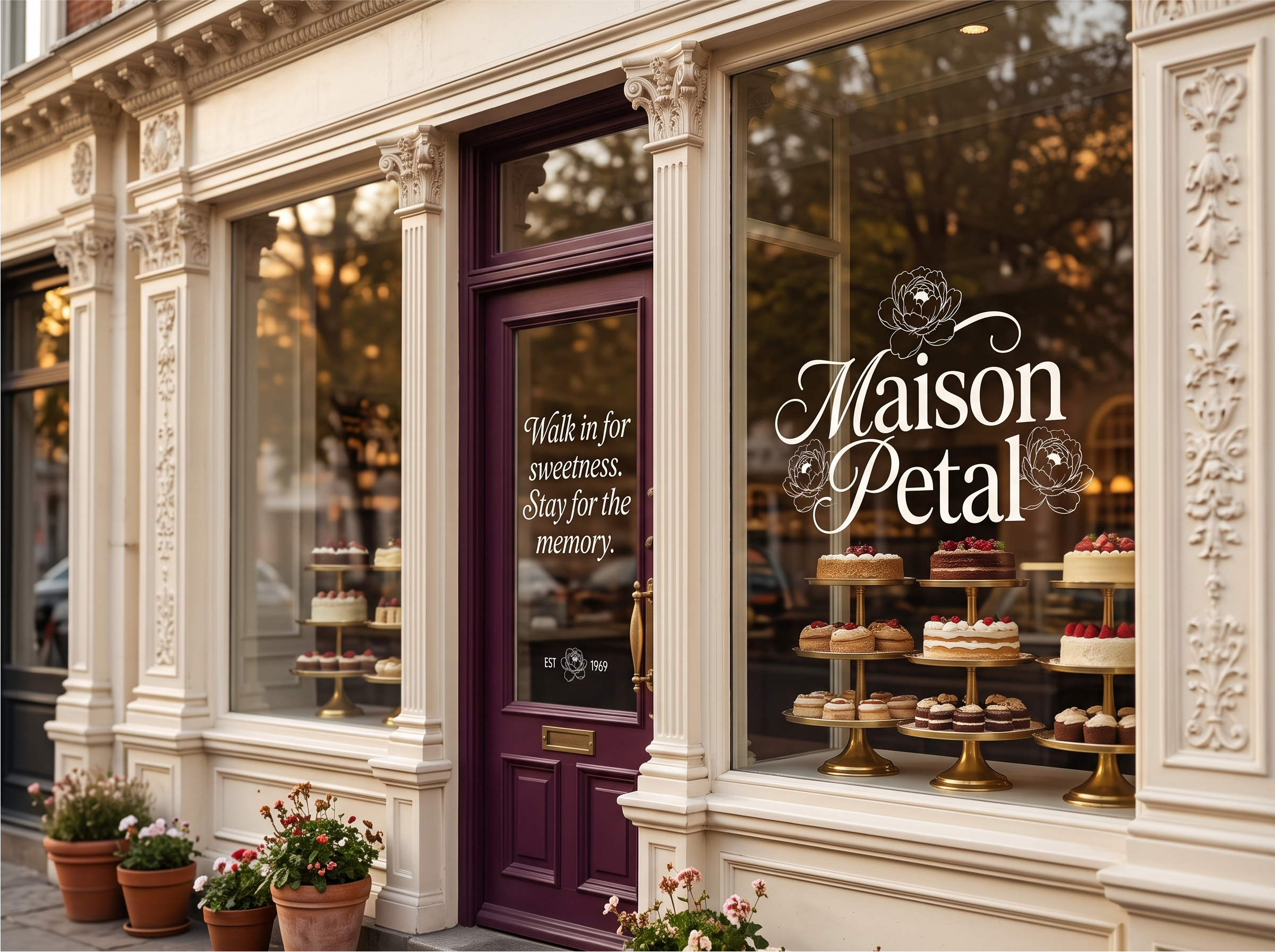 Maison Petal patisserie salon brand world with sculptural cake and botanical architecture