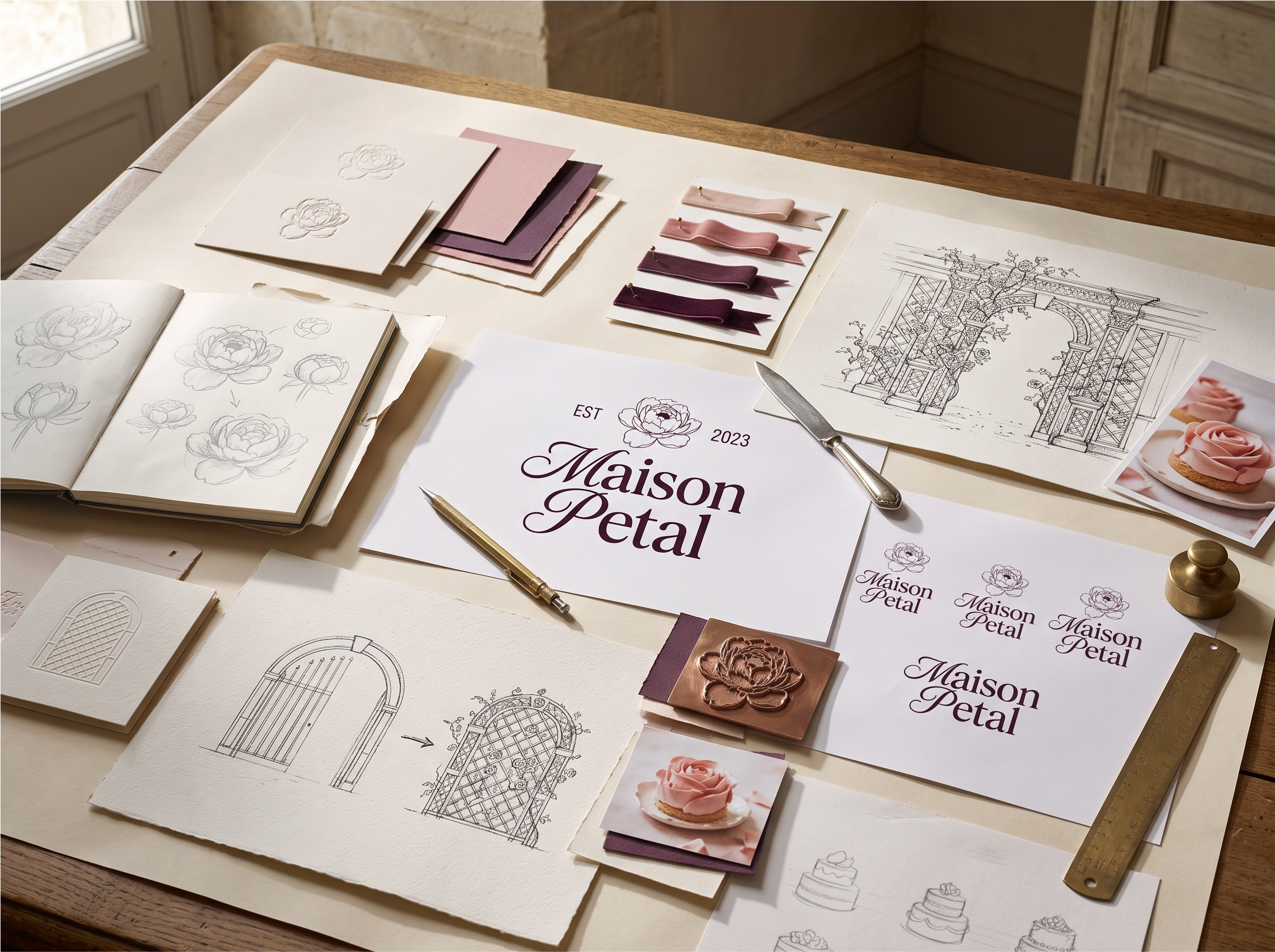 Maison Petal identity development with peony studies, trellis sketches and packaging materials