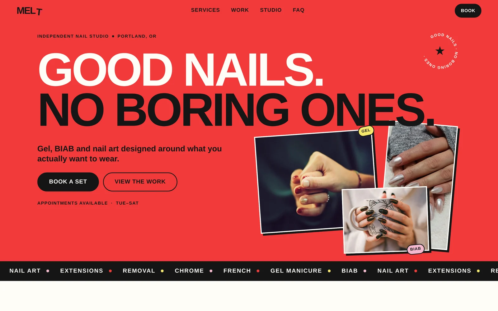 MELT Nail Studio homepage with bold red hero, oversized typography and overlapping nail photography