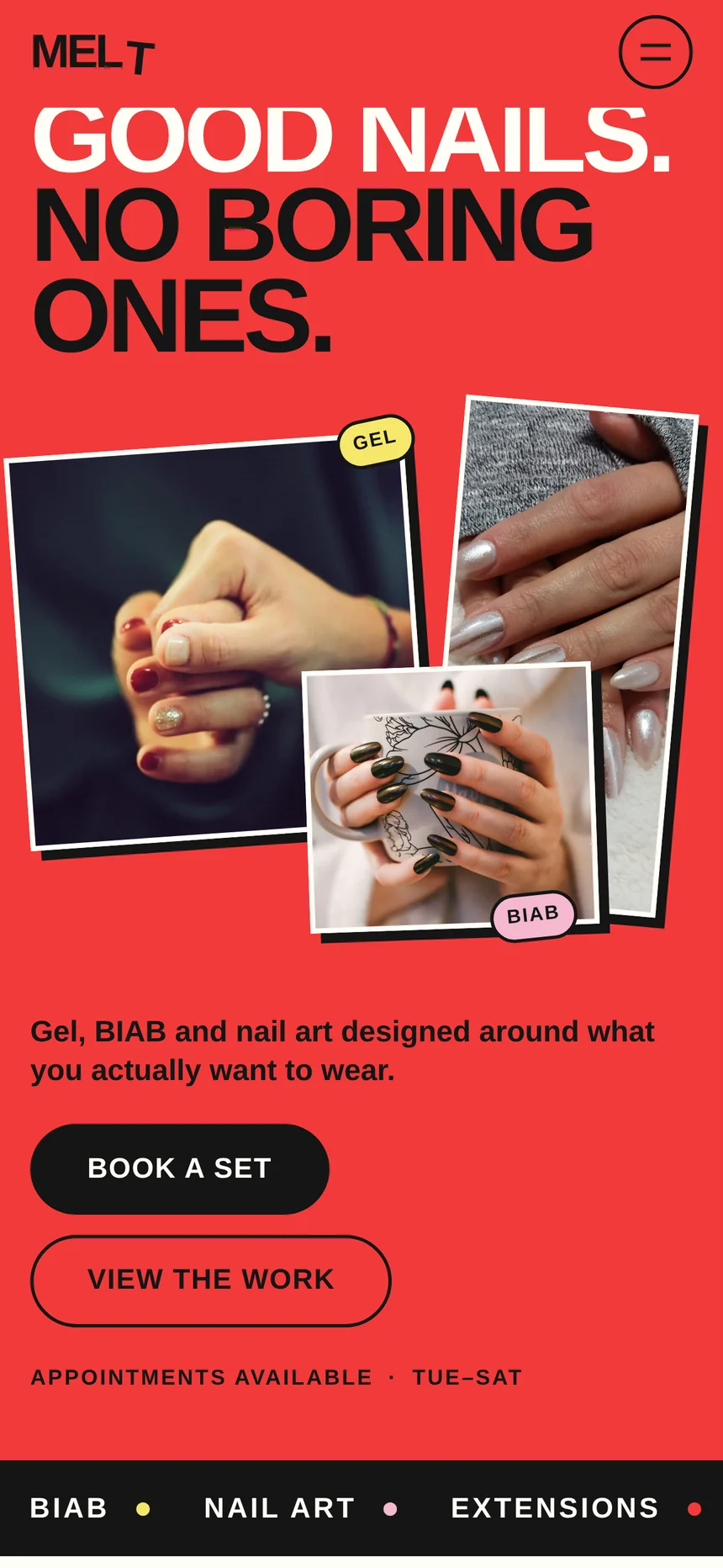 Mobile MELT Nail Studio homepage with bold red hero and stacked nail imagery
