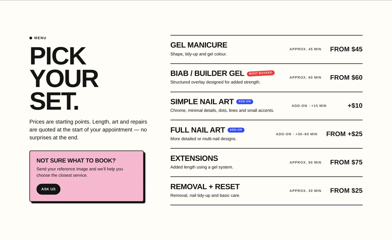 MELT Nail Studio service menu with gel, builder gel, nail art and extension pricing