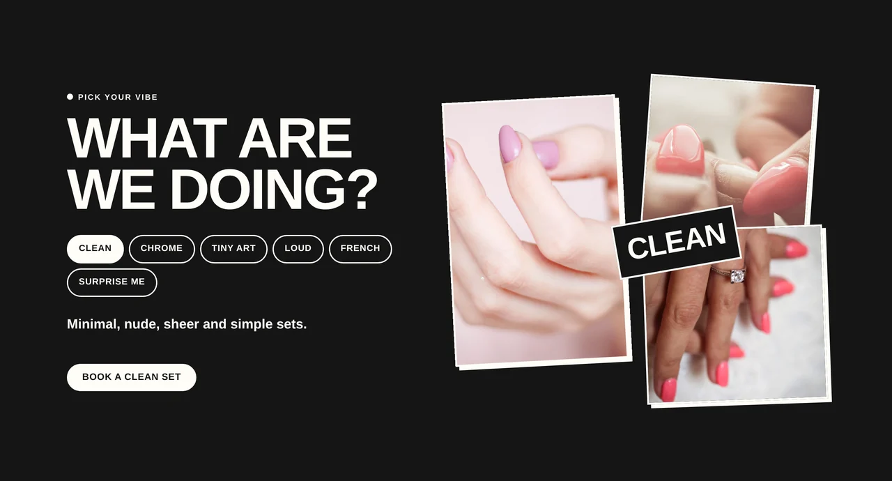 MELT Nail Studio interactive Pick Your Vibe section with selectable nail style categories