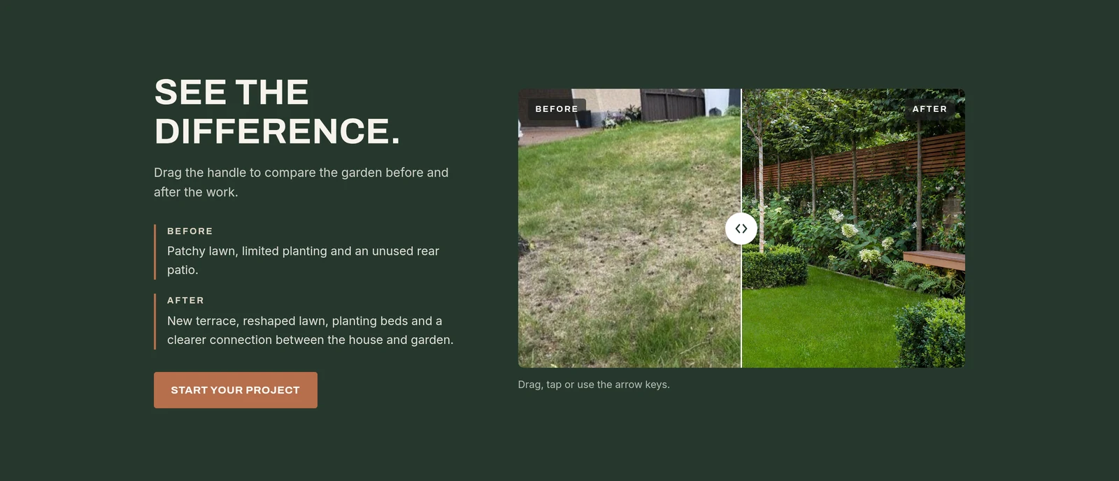 NORTHLINE draggable before-and-after garden transformation interface
