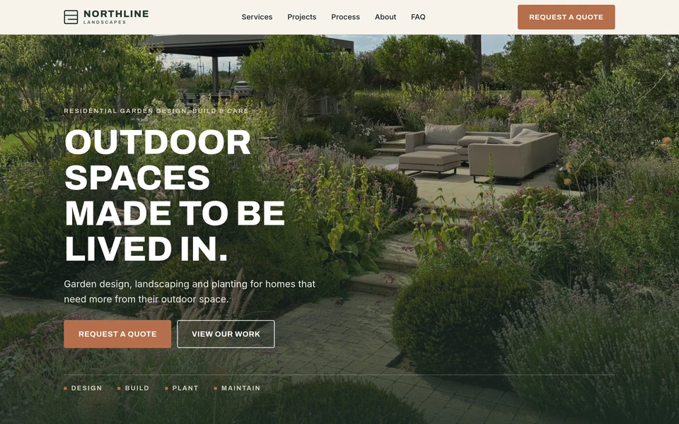NORTHLINE Landscapes website with deep green landscape palette, residential garden photography and quote-focused interface