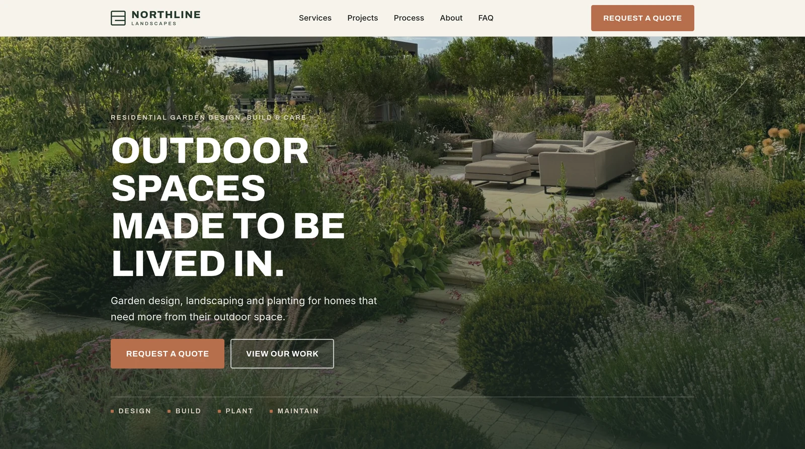 NORTHLINE Landscapes homepage with deep green hero, residential garden photography and quote-focused interface