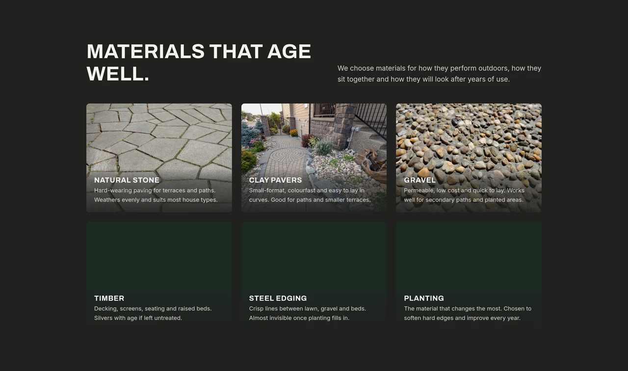 NORTHLINE materials section showing stone, pavers, gravel, timber, steel edging and planting