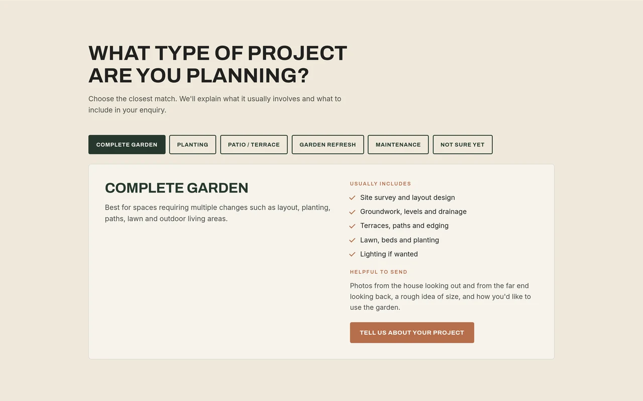 NORTHLINE project-fit selector helping homeowners identify the kind of landscape project they need