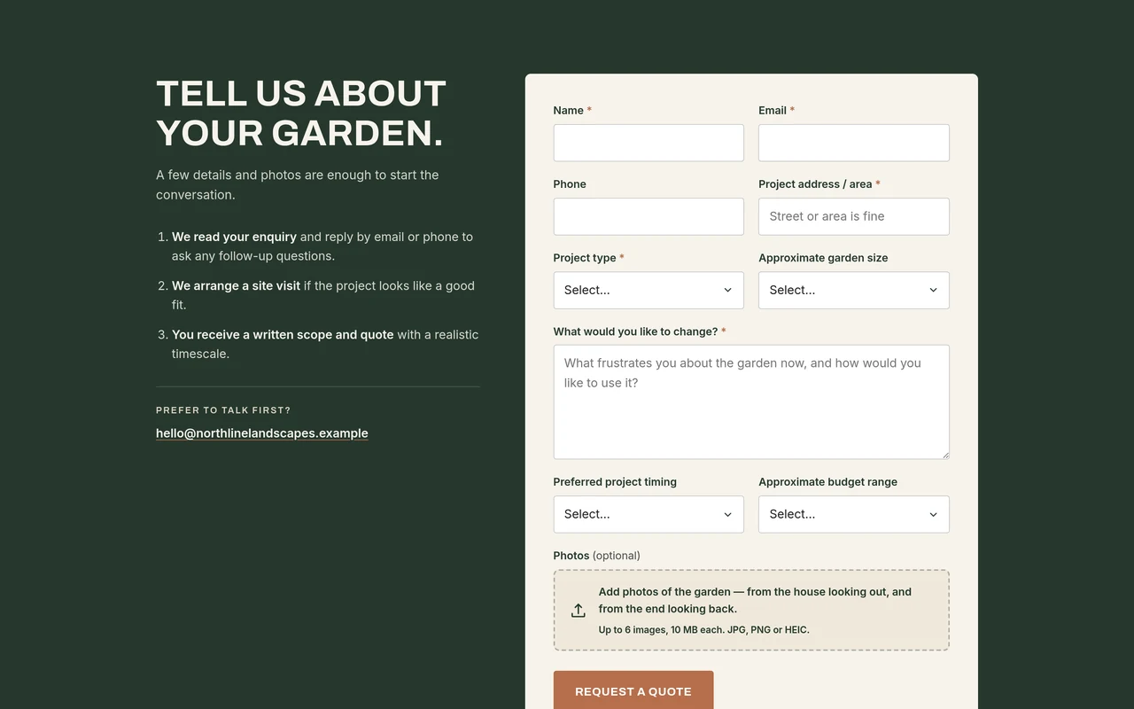 NORTHLINE structured quote form for collecting useful landscaping project details